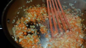 Sauteeing onion and carrots for shepherd's pie