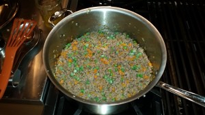 Adding peas...ready for mashed potato topping