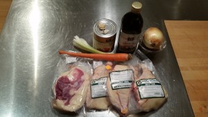 Ingredients for duck ragu (including dried porcini mushrooms)