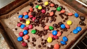 Brownies with M&Ms. Be sure to put the M&Ms on when brownies just out of the oven so they melt a little.