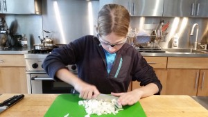 Chopping onions for the chili. 