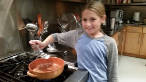 Cooking maple syrup, butter and vanilla bean 