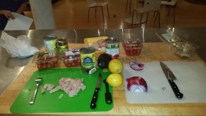 The ingredients, including chicken, green curry paste, ginger, coconut milk  & bok choy (sorry it was still in fridge during photo)