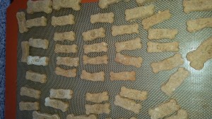 Dog treats ready to bake: mom gave me special dog bone shaped cookie cutters and a "paw" stamp.