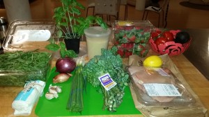 Our ingredients! Mom said we had to use the baby broccoli, chicken & strawberries and that we had to have at least 2 vegetable dishes.