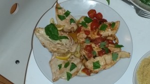 Chicken Two Ways: Grilled with lemon, olive oil & garlic (Alex) or sauteed with olive oil, garlic, basil & tomatoes (Max)