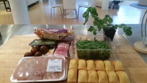 The mystery ingredients: corn bread, chicken, bacon, kumato tomatoes, fresh peas, egg noodles & arugula.