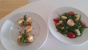 Shrimp & Asparagus appetizers (2 ways): Bruschetta or Arugula salad 