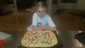 Max's take on a margerita pizza (tomato sauce with fresh mozarella and basil)